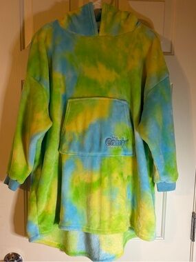 The Comfy Tie-Dye Plush Hoodie Blanket in Green, Blue, Yellow